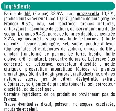 Lista de ingredientes del producto Pizza extra américaine hawaïenne U 530 g