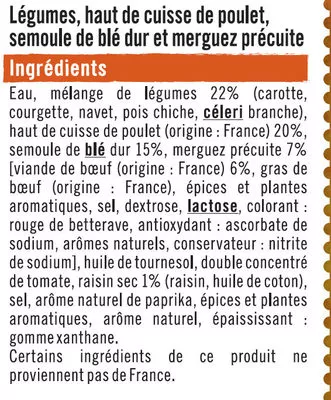 Lista de ingredientes del producto Couscous légumes poulet semoule de blé et merguez U 450 g