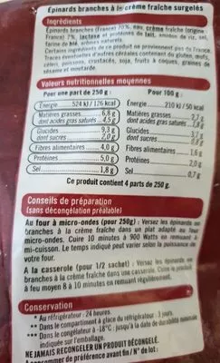 Lista de ingredientes del producto Epinard branches à la crème U 1 kg