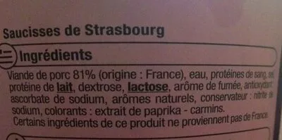 Lista de ingredientes del producto Mini saucisses de Strasbourg Le Porc Français U 200 g