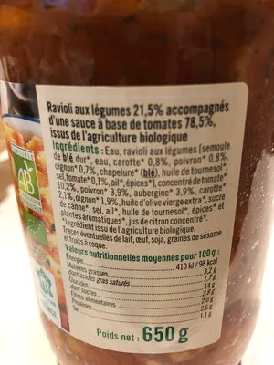 Lista de ingredientes del producto Raviolis aux légumes U, U Bio 650 g