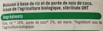 Lista de ingredientes del producto Boisson riz coco U Bio, U 1 l