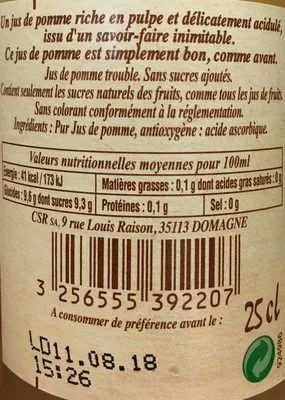 Lista de ingredientes del producto Jus de pomme La passion du verger 25cl