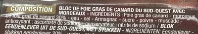 Lista de ingredientes del producto Bloc de Foie gras de canard du Sud-Ouest Cora 180 g