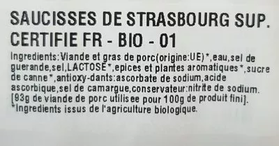 Lista de ingredientes del producto Saucisse de Strasbourg Nature Bio 210g