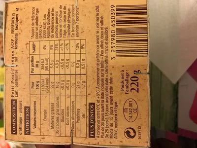 Lista de ingredientes del producto Petit-pont L'évêque AOC  