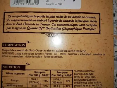 Lista de ingredientes del producto Magret de canard Patrimoine Gourmand 