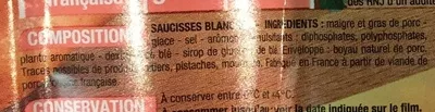 Lista de ingredientes del producto Saucisses blanche cora Cora, Groupe Louis Delhaize 400 g