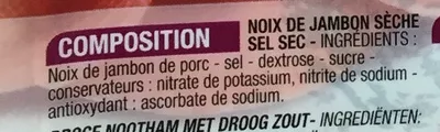 Lista de ingredientes del producto Noix de jambon sèche (10 tranches fines) Cora 100 g