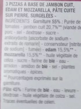 Lista de ingredientes del producto 3 pizzas jambon fromages Cora 1,05 kg (3 x 350 g)