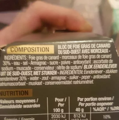 Lista de ingredientes del producto Bloc de foie gras de canard du sud-ouest Cora 300 g