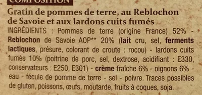 Lista de ingredientes del producto Tartiflette au Reblochon de Savoie gratinée Patrimoine Gourmand 300 g