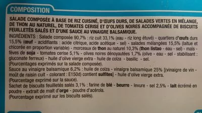 Lista de ingredientes del producto Salade de riz oeuf, thon, crudités Cora 