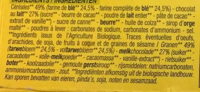 Lista de ingredientes del producto Sablés aux Céréales Chocolat au Lait Nature Bio, Match 200 g