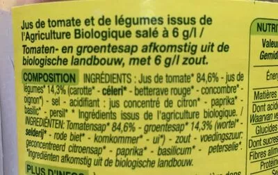 Lista de ingredientes del producto Cocktail de jus de légumes Nature Bio, Cora 75 cl