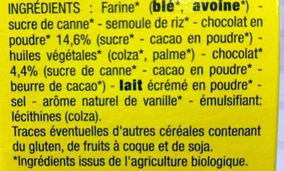 Lista de ingredientes del producto Céréals fourrées tout chocolat Nature Bio 375 g