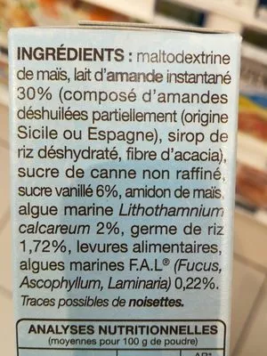 Lista de ingredientes del producto Supplex lait d' amande Supplex 250 g