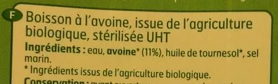 Lista de ingredientes del producto Boisson avoine Belle France 1 L