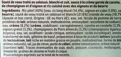 Lista de ingredientes del producto Blanquette de Veau Riz Pilaf Belle France 300 g e