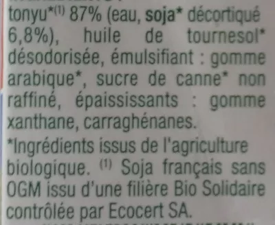 Lista de ingredientes del producto Soya Cuisine Soy, Nutrition & Nature, Nutrition & Santé 50 cl