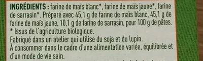 Lista de ingredientes del producto Macaroni Maïs et Sarrasin Valpibio 500 g