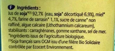 Lista de ingredientes del producto Boisson Soja Miel Sarrasin Soy, Nutrition & Nature 1 L