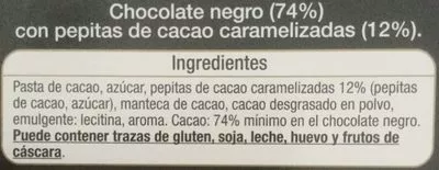 Lista de ingredientes del producto Chocolate negro 74% con pepitas de cacao caramelizadas Auchan 100 g