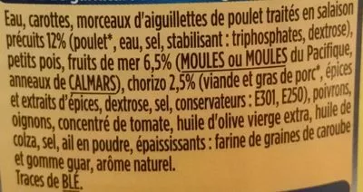 Lista de ingredientes del producto Paëlla Royale Garbit 940 g (800 g de garniture, 140 g de riz, 1 sachet d'épices)