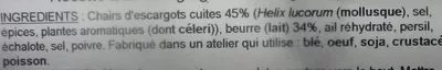 Lista de ingredientes del producto Escargots Préparés Gourmet D’alsace, Gourmet d'Alsace 269 g (48 escargots)