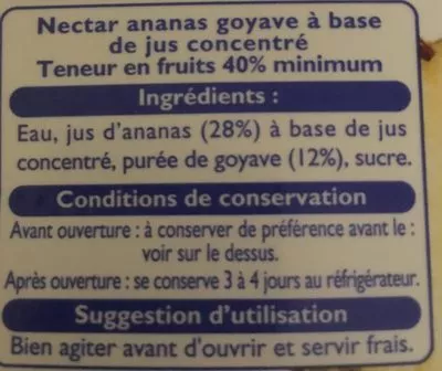 Lista de ingredientes del producto Nectar ananas goyave Leader Price 