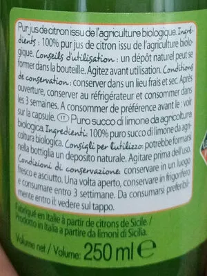 Lista de ingredientes del producto Jus de citron bio Leader Price 250 ml