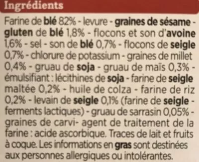 Lista de ingredientes del producto Toast Fins Multi Céréales Franprix 100g