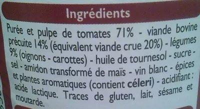 Lista de ingredientes del producto Sauce tomate cuisinée à la viande de boeuf Leader Price 420 g