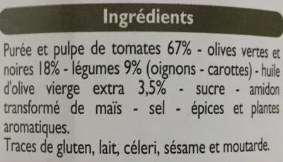 Lista de ingredientes del producto Sauce Tomate aux Olives Leader Price 420 g, 446 ml