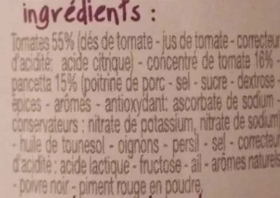 Lista de ingredientes del producto Sauce Tomate pancetta Marché Franprix, Franprix 190 g