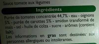 Lista de ingredientes del producto Sauce Tomate aux Légumes Leader Price 135 g