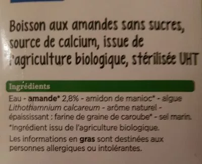 Lista de ingredientes del producto Boisson amande aromatisée sans sucres Franprix bio 