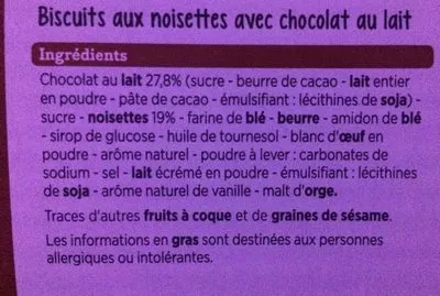 Lista de ingredientes del producto Biscuits chocolatés aux Noisettes Franprix 100 g