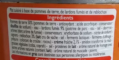 Lista de ingredientes del producto Tartiflette aux lardons fumés Leader Price 800 g