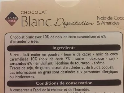 Lista de ingredientes del producto Blanc Dégustation Noix de Coco & Amandes Leader Price 