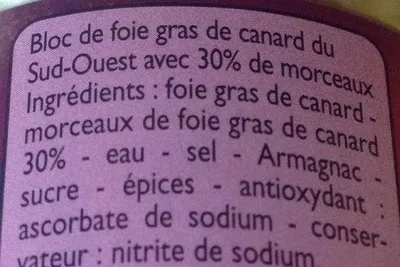 Lista de ingredientes del producto Bloc de foie gras de canard du Sud-Ouest Leader Price 200 g