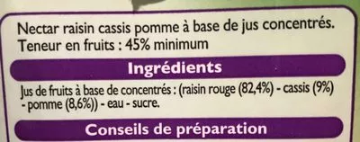 Lista de ingredientes del producto Nectar Raisins Cassis Pommes leader price 1l