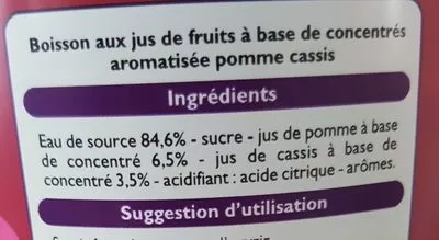 Lista de ingredientes del producto Pomme Cassis à l'eau de source Leader Price 2 l