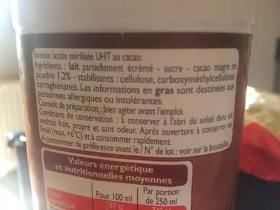 Lista de ingredientes del producto Boisson lactée au cacao Leader Price 1 L