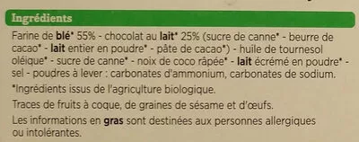 Lista de ingredientes del producto Sablés chocolat au lait Franprix Bio, Franprix 200 g