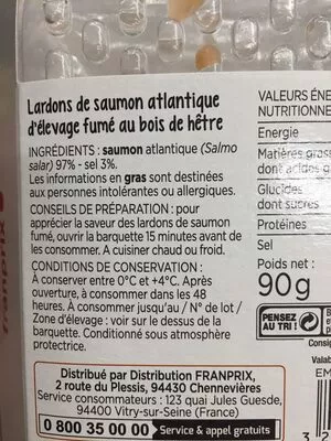 Lista de ingredientes del producto Franprix lardon saumon fume Francprix 90 g