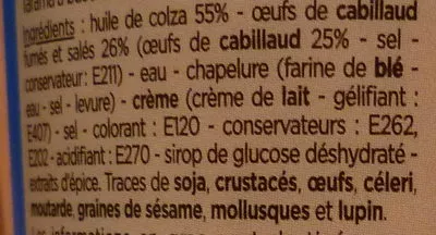 Lista de ingredientes del producto Tarama aux œufs de cabillaud fumés Franprix 100 g