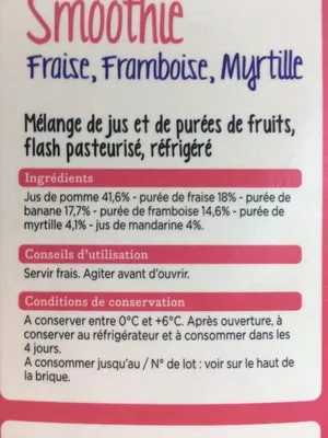 Lista de ingredientes del producto Smoothie Fraise Framboise Myrtille Franprix 75 cl