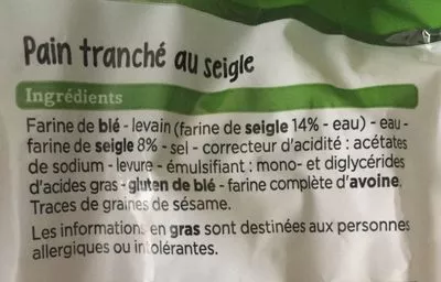 Lista de ingredientes del producto Pain tranché au seigle Franprix 500 g