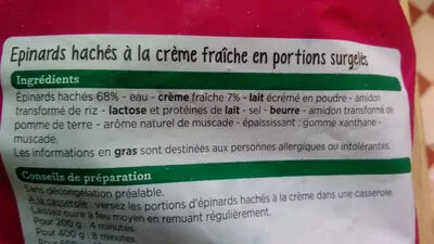 Lista de ingredientes del producto Épinards hachés à la crème franprix 1 kg